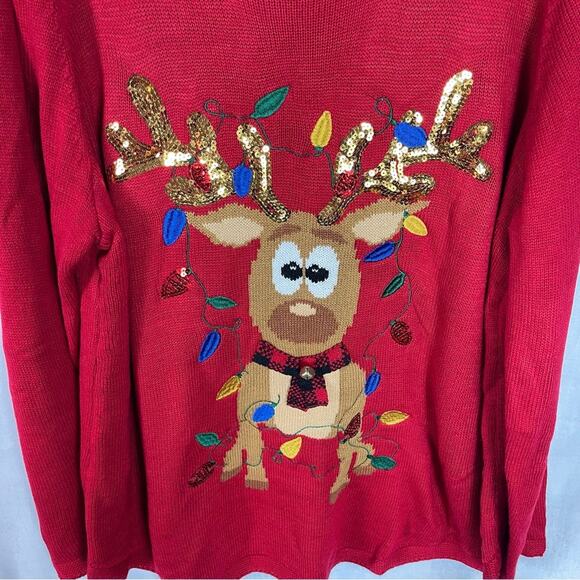 Karen Scott Women's Red Sequin/Bell Long Sleeve Reindeer Sweater - Picture 4 of 7